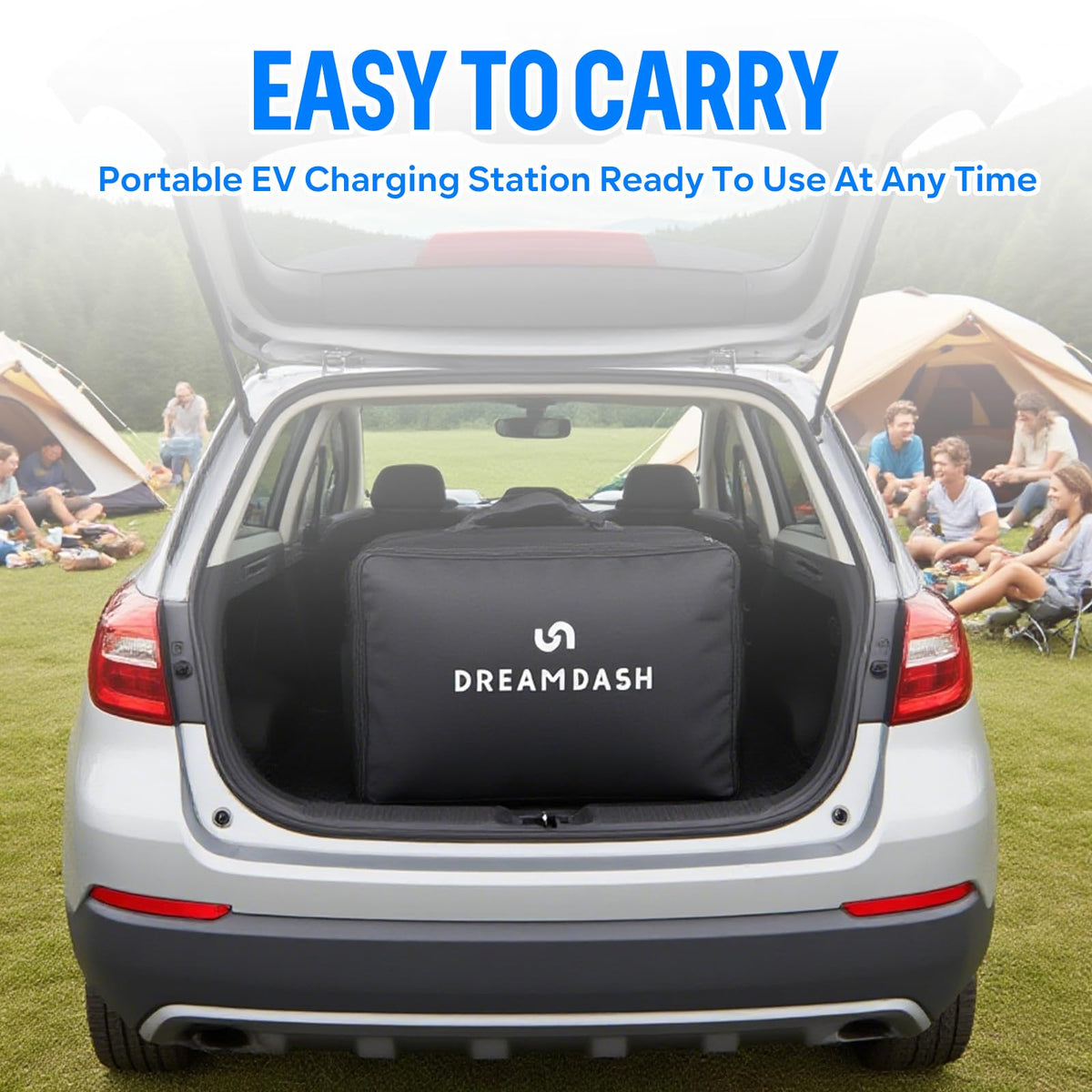 DREAMDASH lifestyle driveway scene showing practical home charging and ready-to-drive range