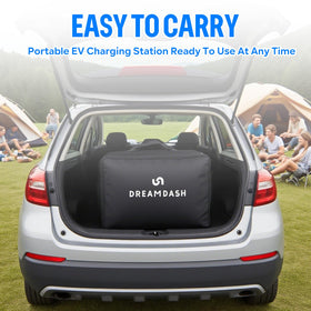 DREAMDASH lifestyle driveway scene showing practical home charging and ready-to-drive range