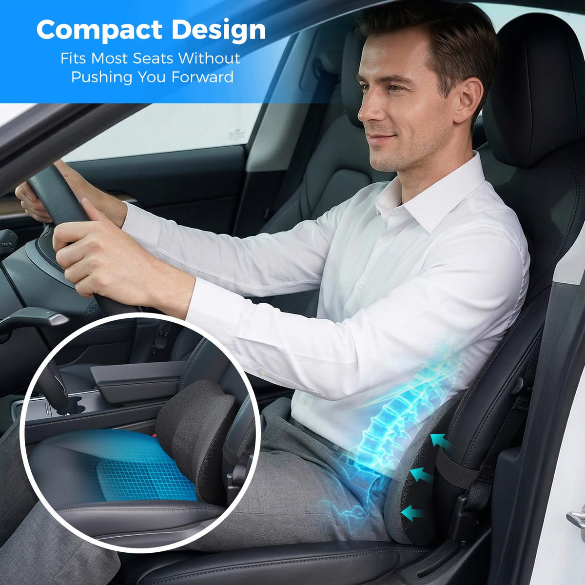 Dreamer Car pillow on office chair providing ergonomic support for desk work