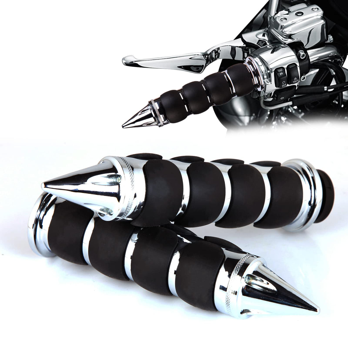 DREAMIZER front view of chrome spiked grips showing sleek finish and upgrade benefit