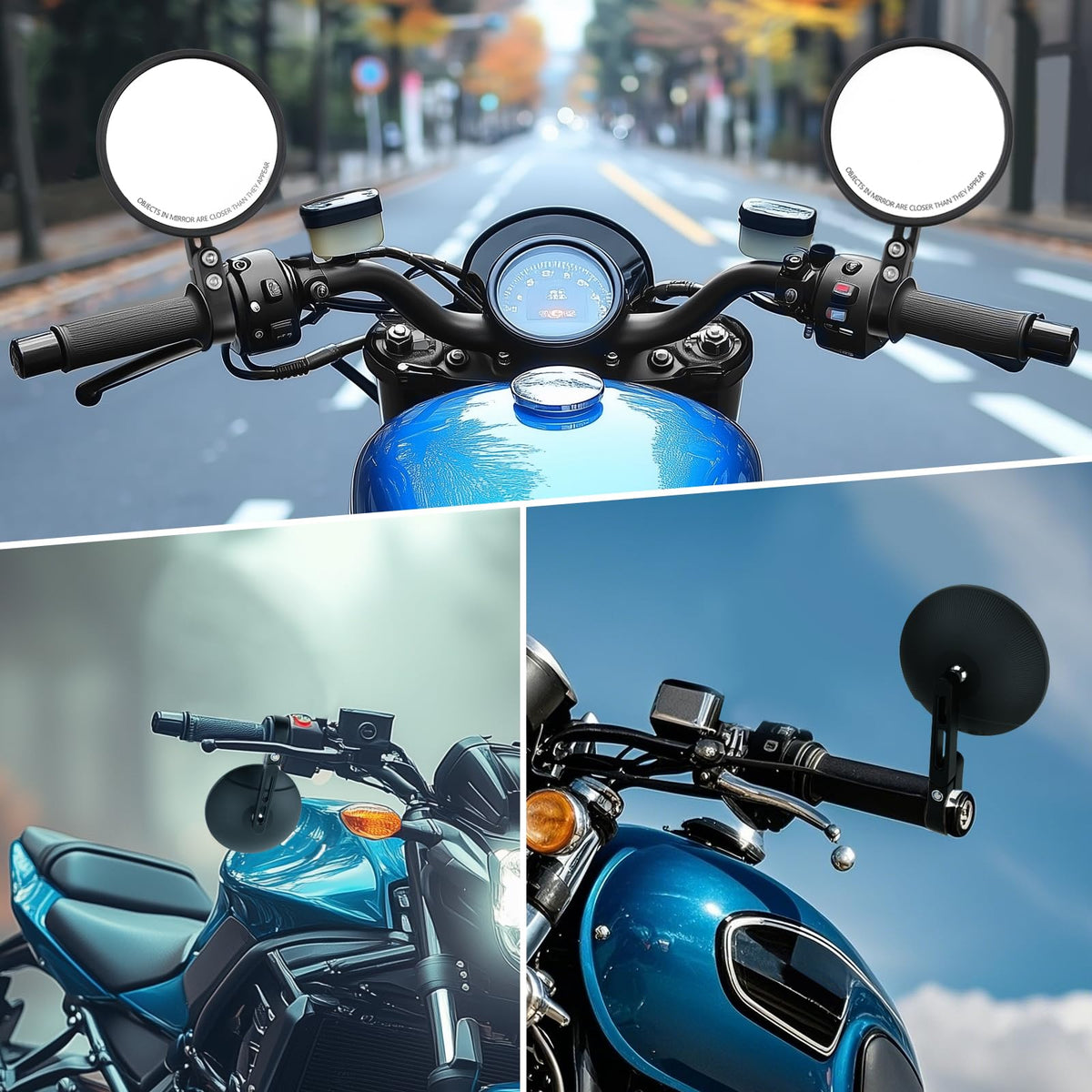 DREAMIZER mirror on motorcycle during city ride demonstrating real-world utility