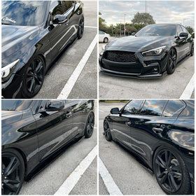 DREAMOTOR side skirts installed on sedan demonstrating protective lower body coverage