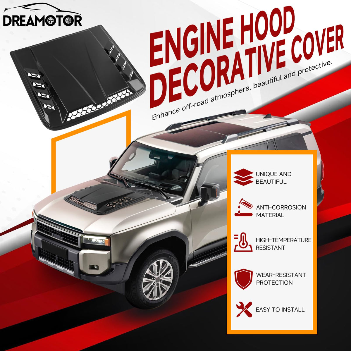 DREAMOTOR side profile of scoop showing low-profile fit and improved hood aerodynamics