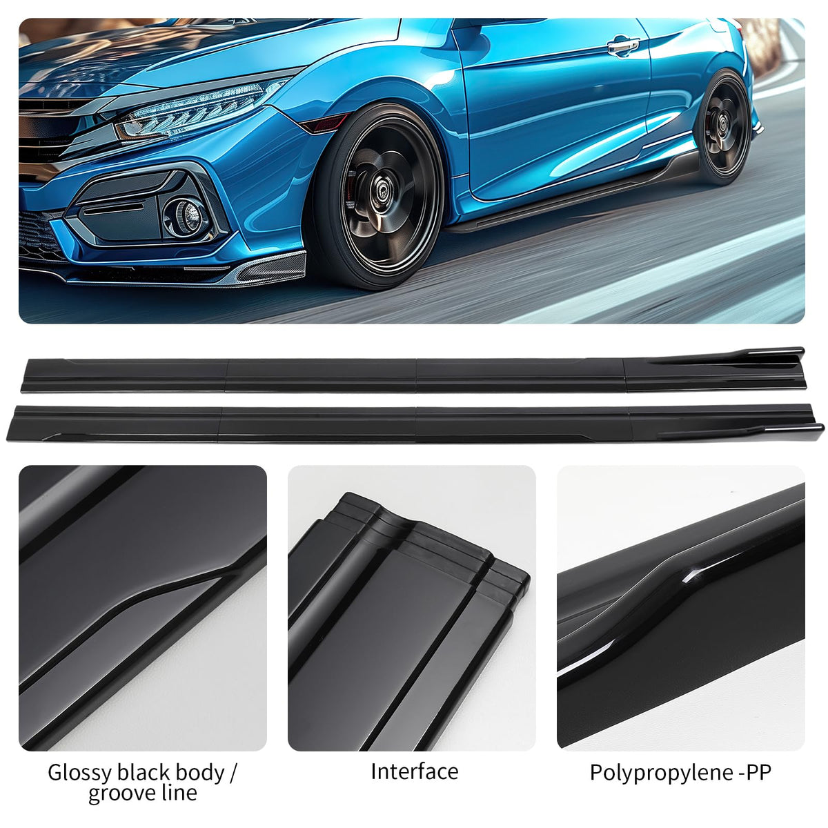 DREAMOTOR side skirts with tape measure showing 86.6 inch length for fit planning