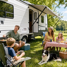 Dreyoo lifestyle camping setup showing finished RV exterior and durable replacement door