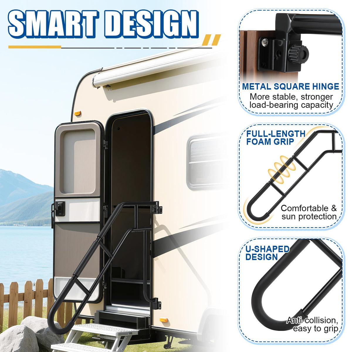 Dreyoo next to RV step for scale showing extended reach for stable entry benefit