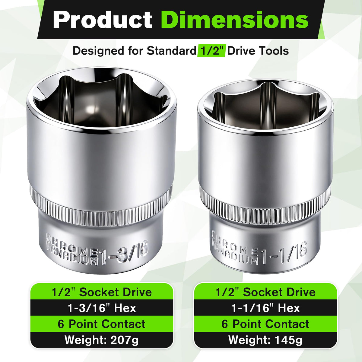 Dreyoo close-up of two chrome vanadium sockets highlighting durability