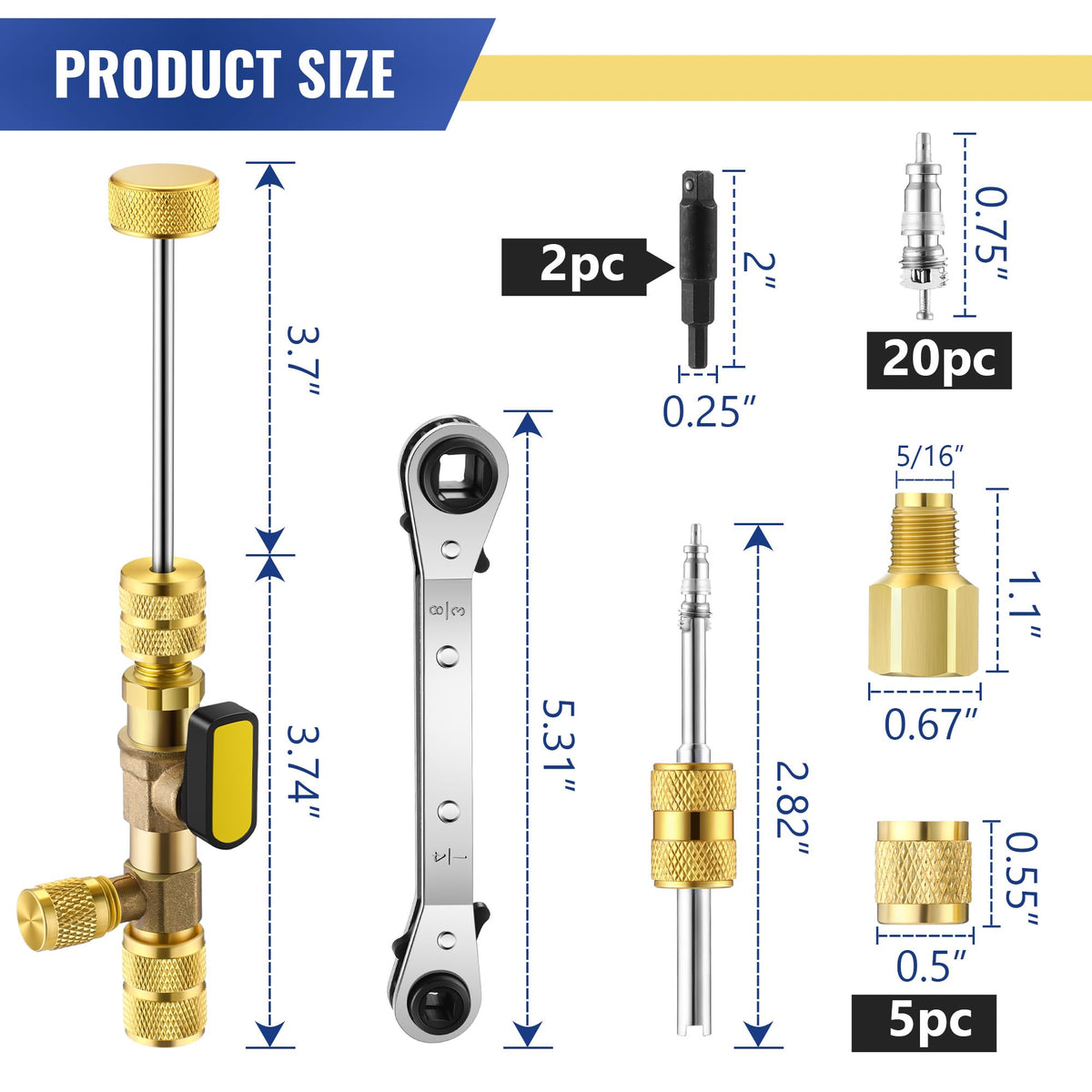 Dreyoo valve cores and brass nuts arranged to show replacement parts ready