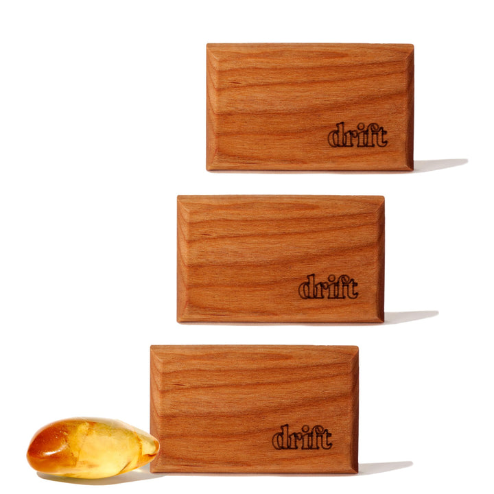 drift amber front packaging showing three refill blocks and benefits