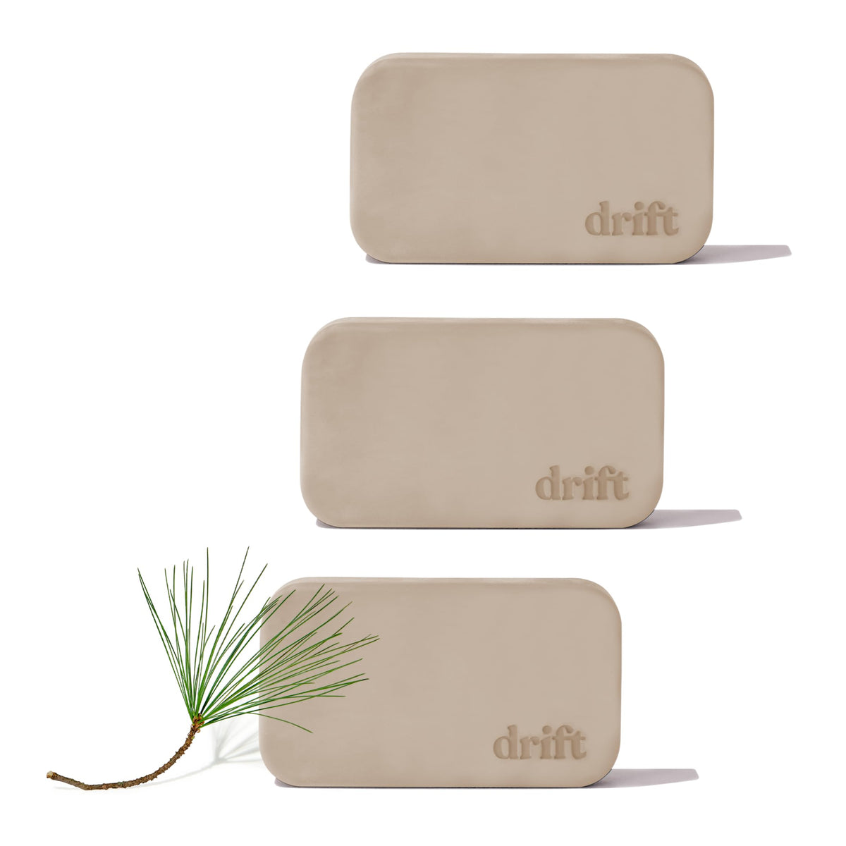 drift front packaging pine 3pack showing refill blocks and branding, fresh scent benefit