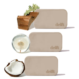 drift front packaging showing three-scent starter kit and clip, highlights convenience