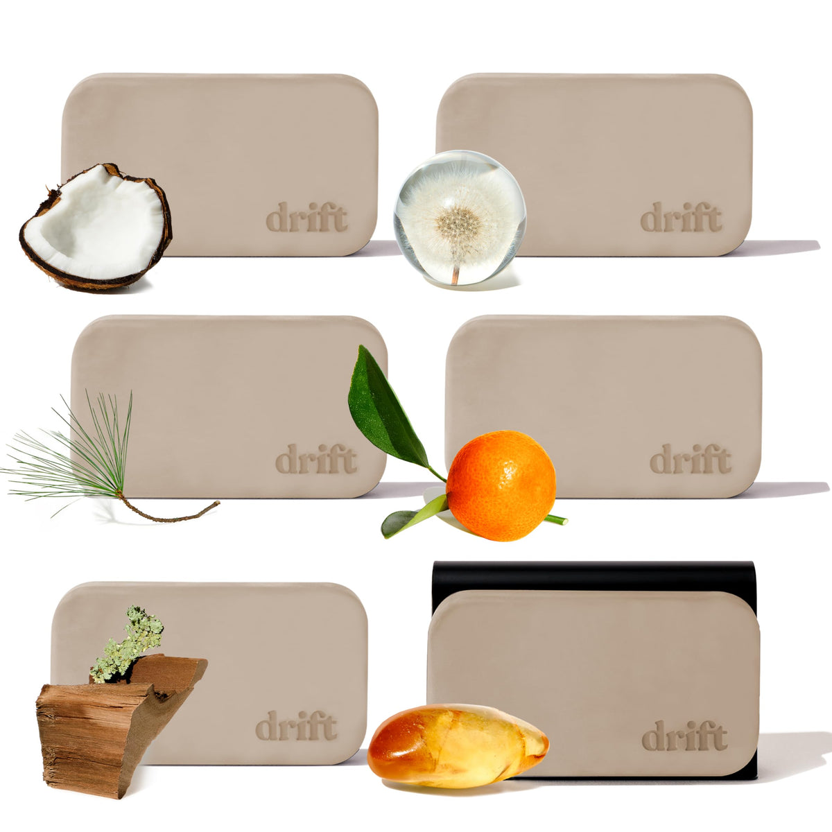 drift front packaging showing six scent blocks and included metal clip for tidy storage