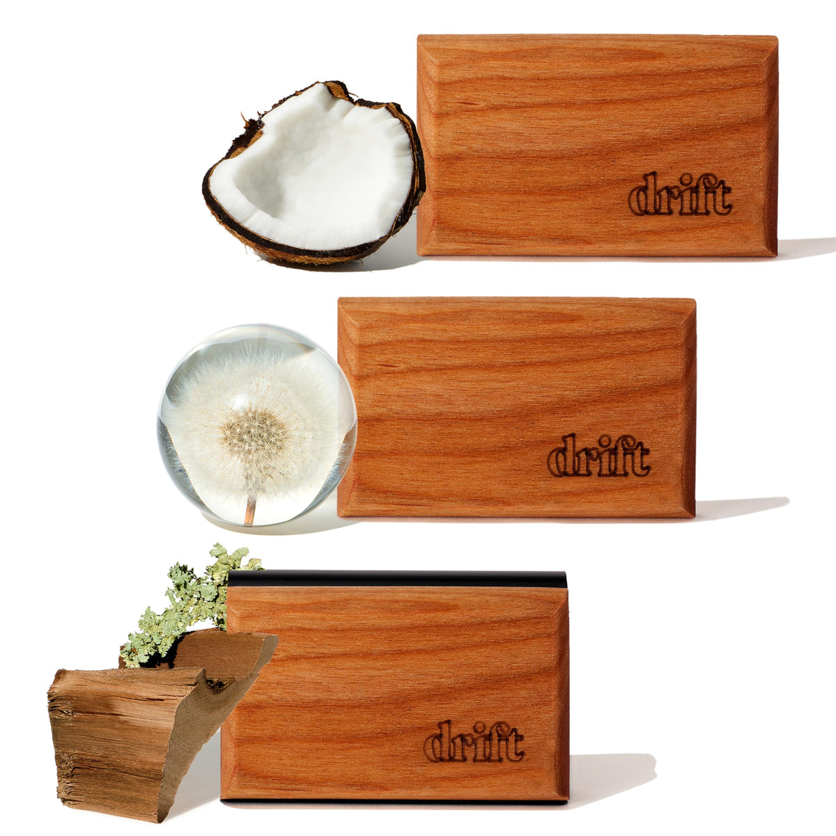 drift front packaging showing three scent refill blocks and brand, highlights long-lasting scent