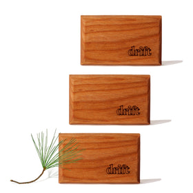 drift pine front packaging showing three refill blocks and clip, highlights long-lasting scent