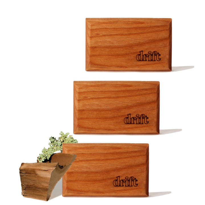 drift front packaging showing three teak refill blocks and benefits