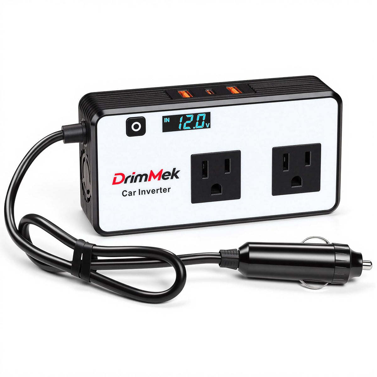 DrimMek front panel showing dual AC outlets and three USB ports for versatile charging