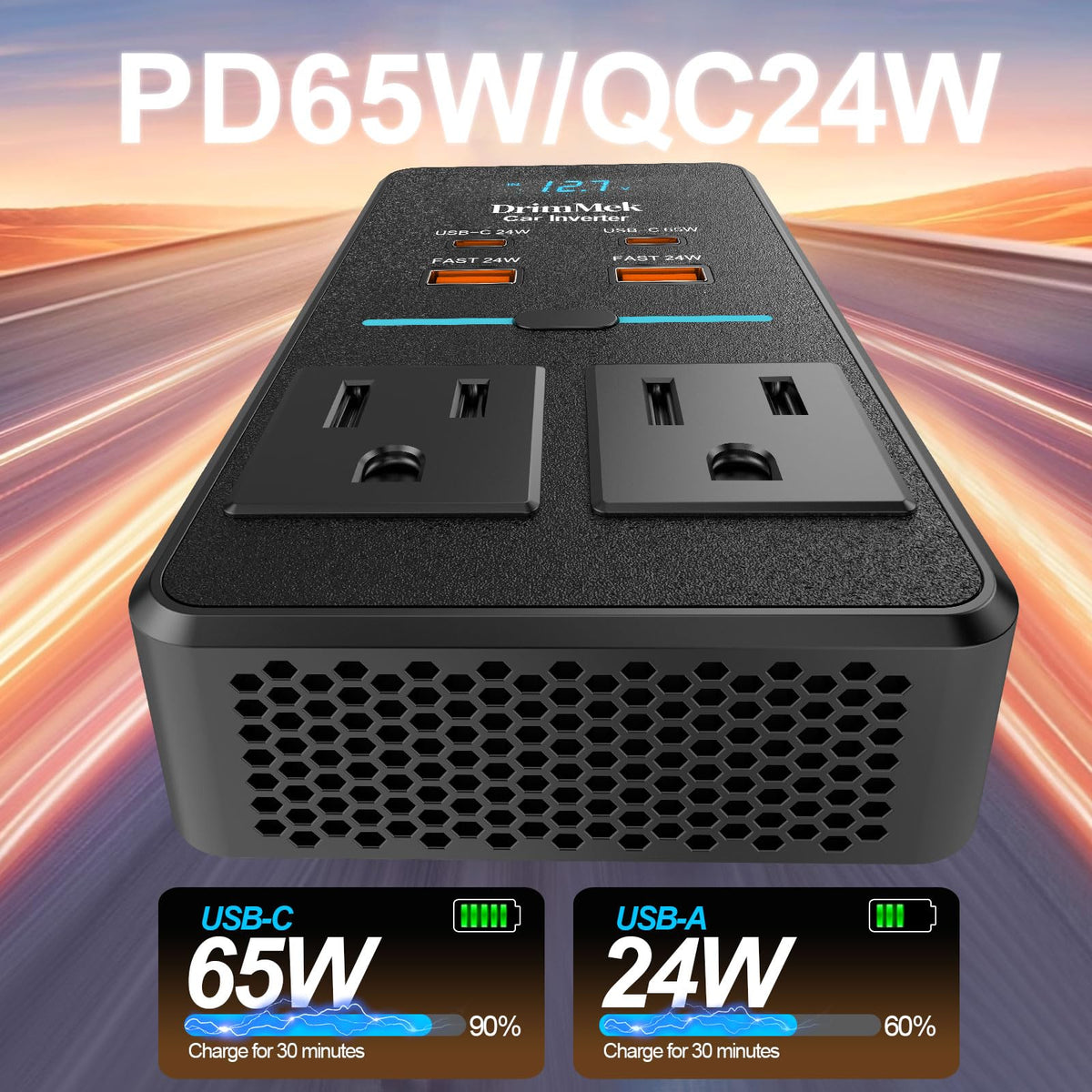 DrimMek close-up of USB-C and USB-A ports for fast device charging