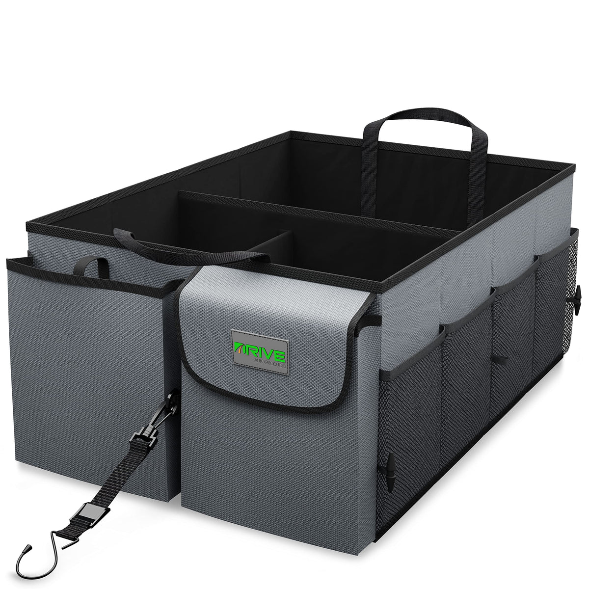 DRIVE front view of trunk organizer showing compartments and neat storage benefit