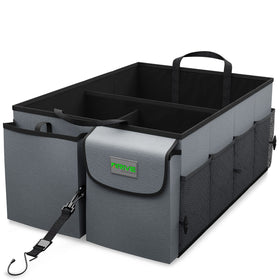 DRIVE front view of trunk organizer showing compartments and neat storage benefit