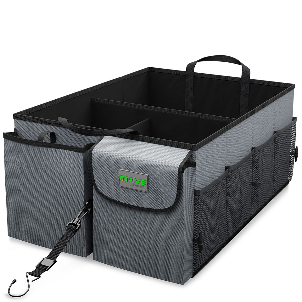DRIVE front view of trunk organizer showing compartments and neat storage benefit