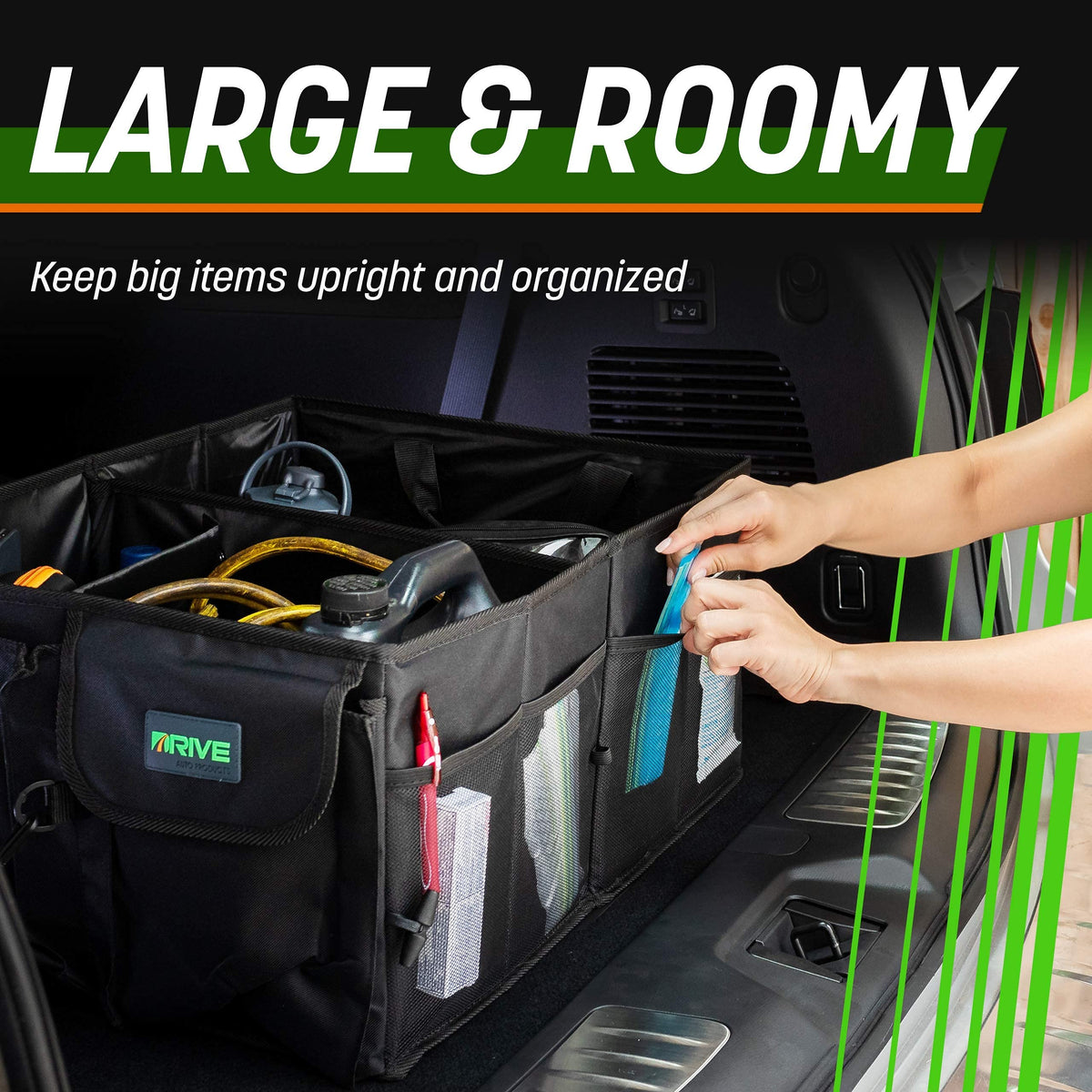 DRIVE organizer placed in trunk with groceries demonstrating stable cargo control benefit