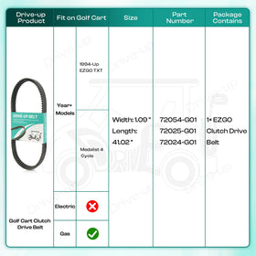 DRIVE UP belt beside a golf cart in driveway showing ready-to-use reliability