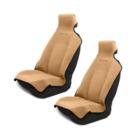 Dryva seat front view tan pack showing full seat protection and easy fit