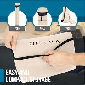 Dryva seat cover next to ruler showing dimensions and fit for most seats