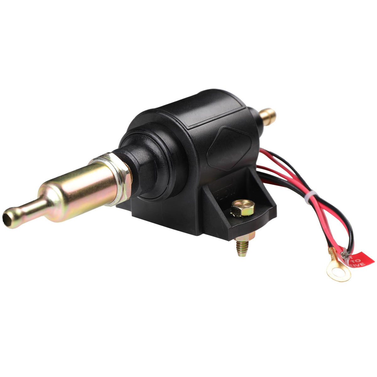 DTMAP front view of inline fuel pump showing compact housing and mounting tabs for easy installation