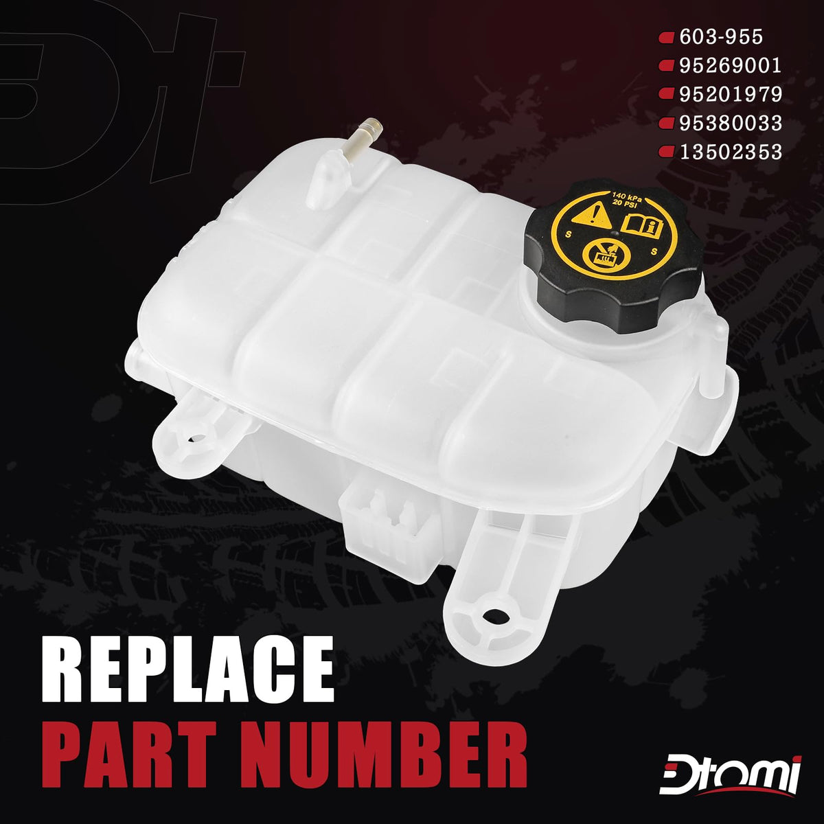 Dtomi coolant expansion reservoir cap closeup showing seal and easy-grip top for reliable pressure retention