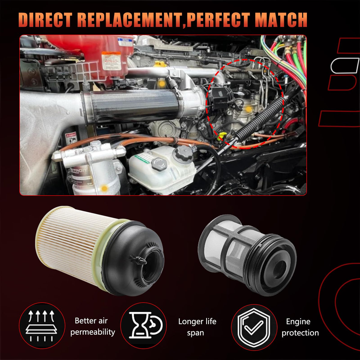 Dtomi filters installed on Freightliner engine demonstrating correct fitment