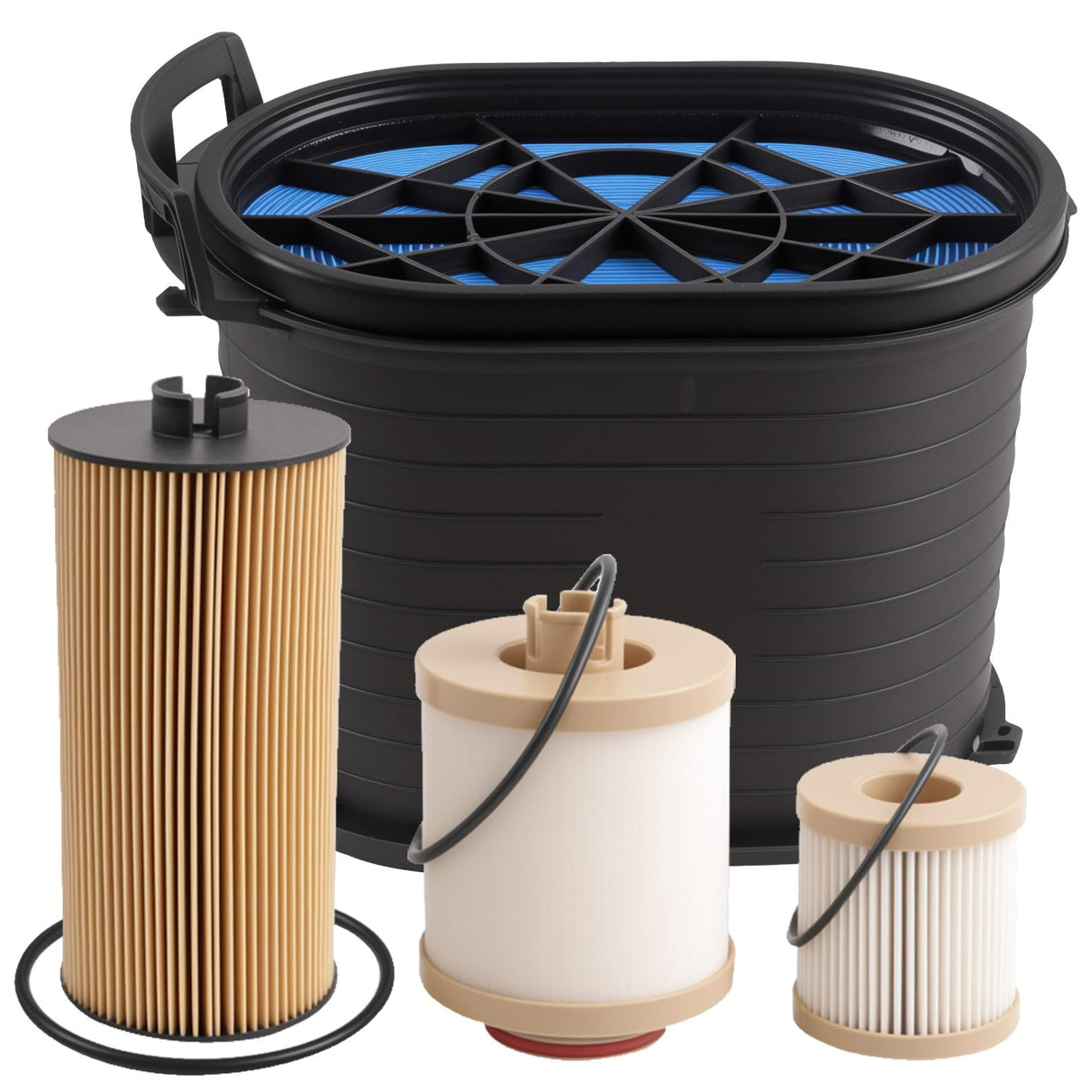 Dtomi front packaging showing oil fuel and air filters, clear kit identification and fitment benefit