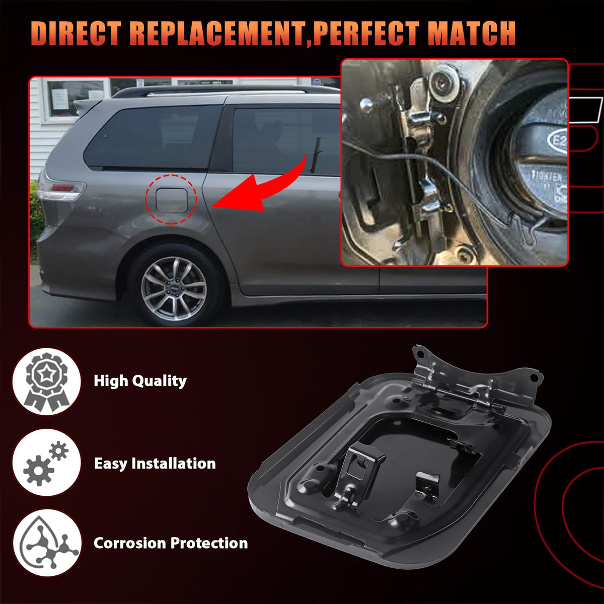 Dtomi fuel door installed on Toyota Sienna side view illustrating correct alignment