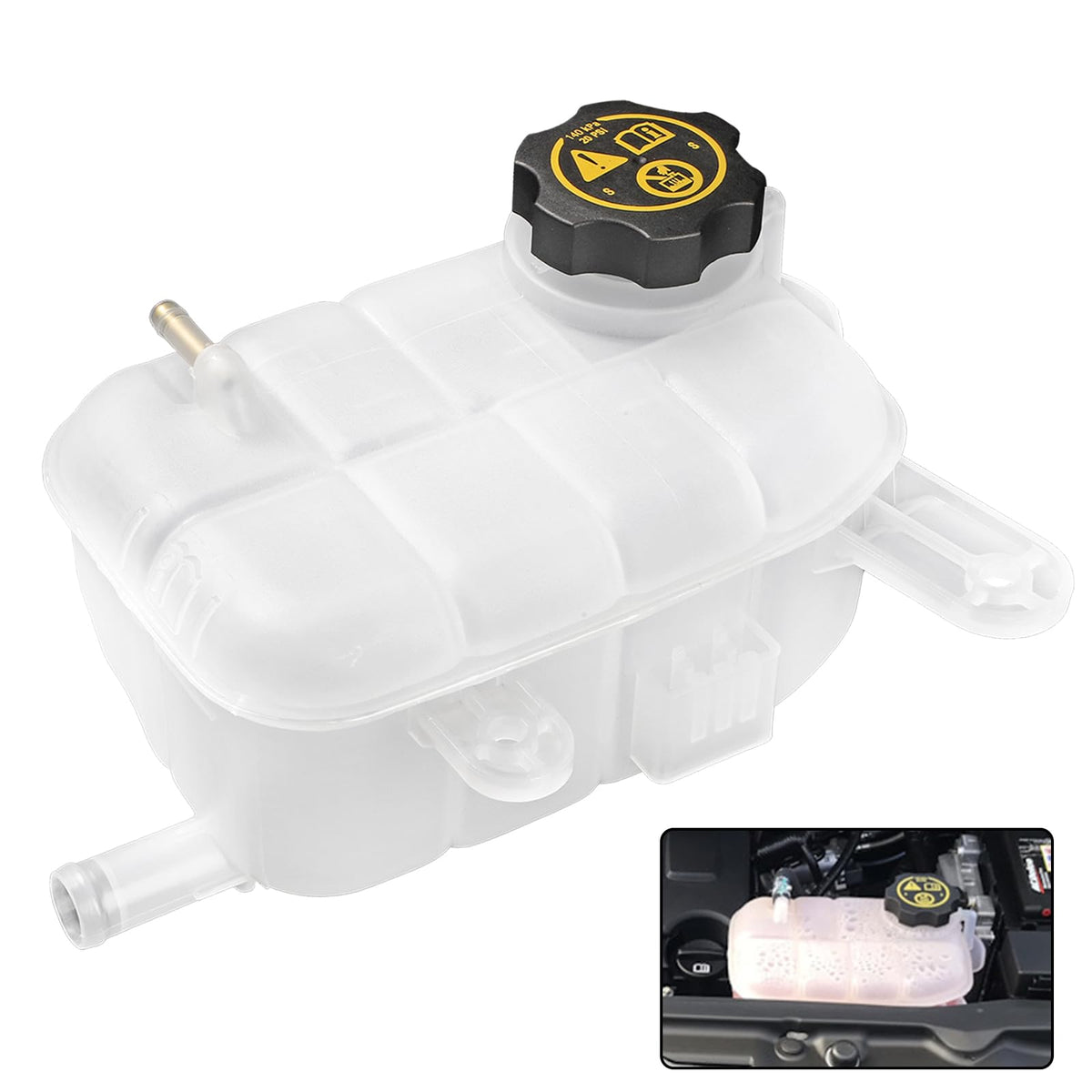 Dtomi radiator overflow tank front view showing mounting points and clear body for easy level checks