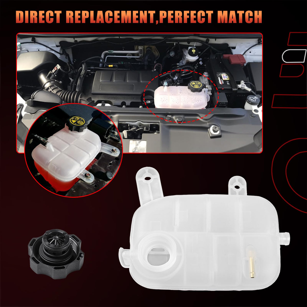 Dtomi reservoir installed in an engine bay demonstrating fit for Buick Encore and Chevy Trax