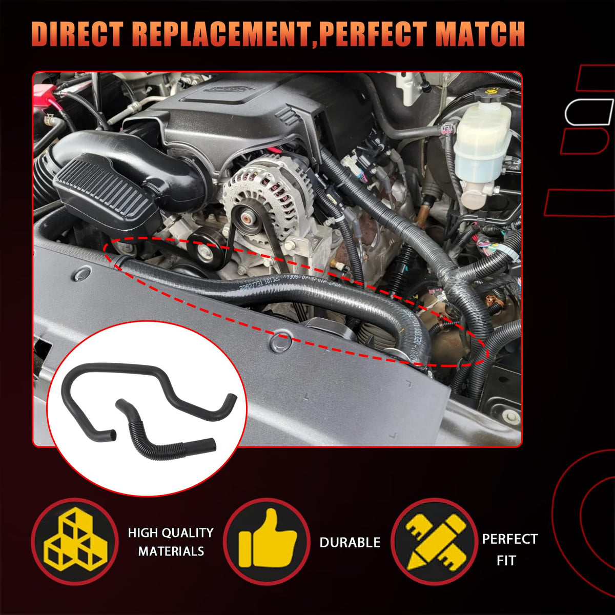 Dtomi close-up of upper radiator hose material and contour for leak prevention