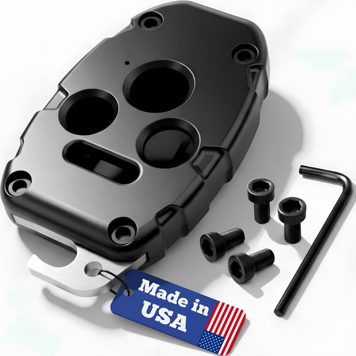 Dubbs Hardware front packaging showing sleek black 4-button shell and benefits