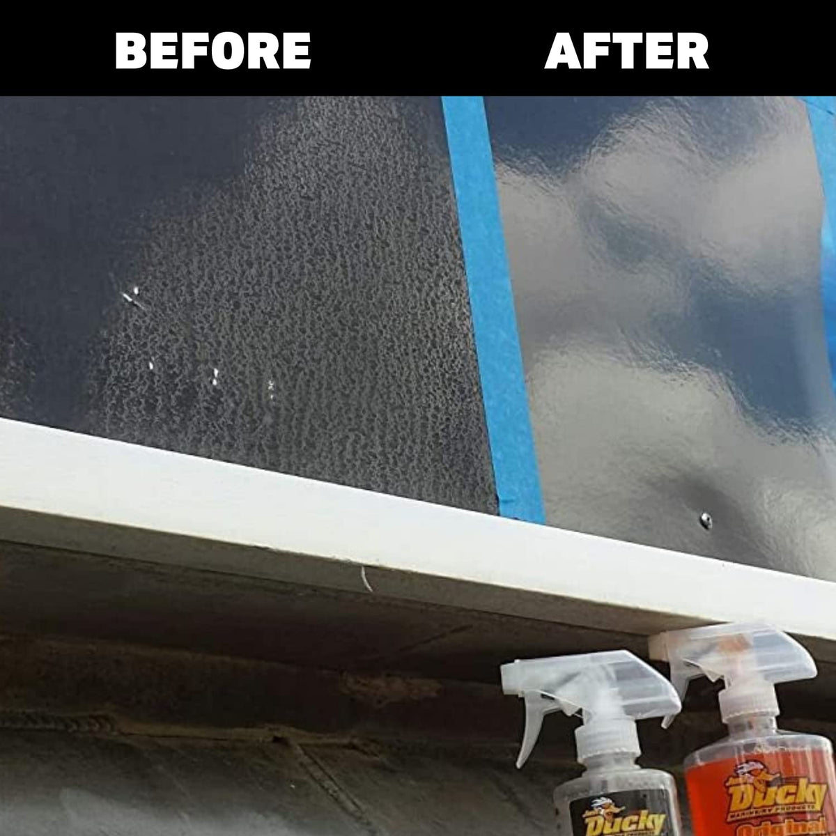 DUCKY PRODUCTS being wiped with microfiber on RV exterior for streak-free, non-gloss restoration