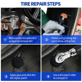 Dueilgo patch in use on tire illustrating repair application and sealing