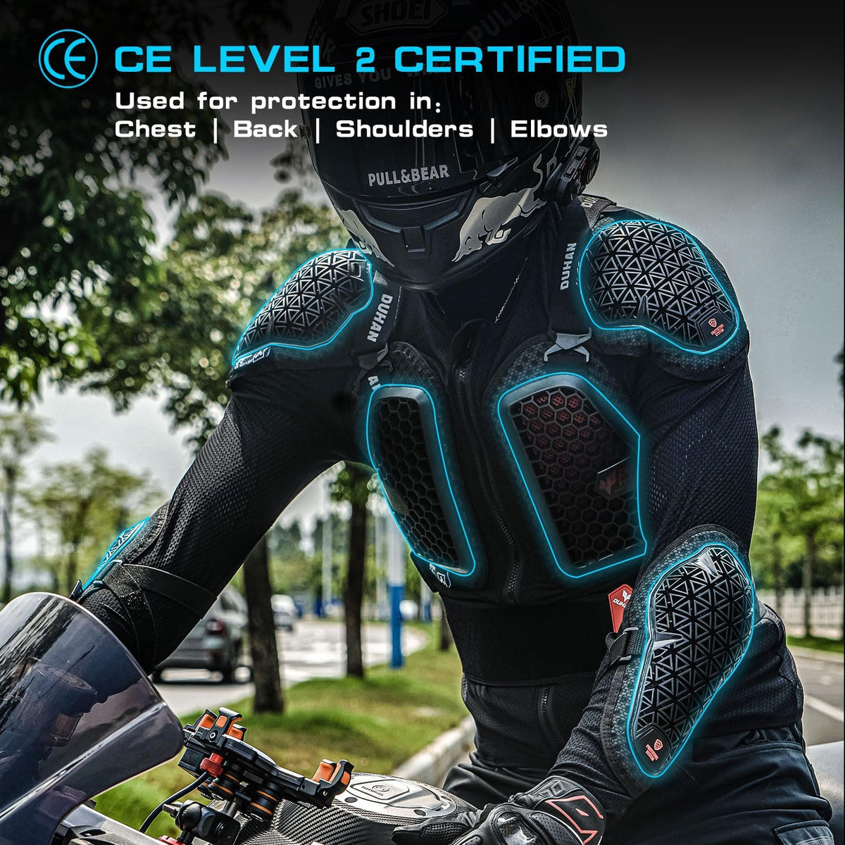 DUHAN back spine protector detail demonstrating certified impact coverage