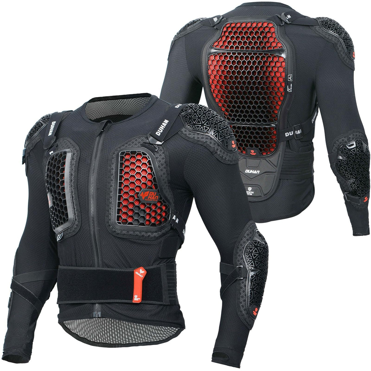 DUHAN front view armored jacket showing chest protection and comfortable fit