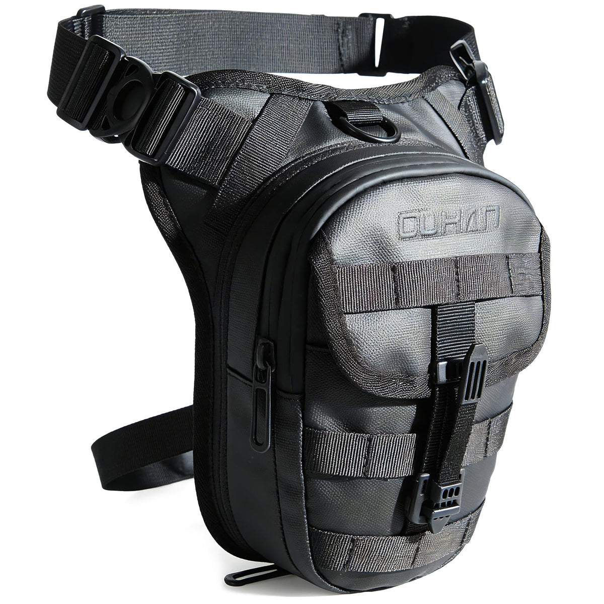 DUHAN front view of thigh bag showing pockets and durable build benefit quick access