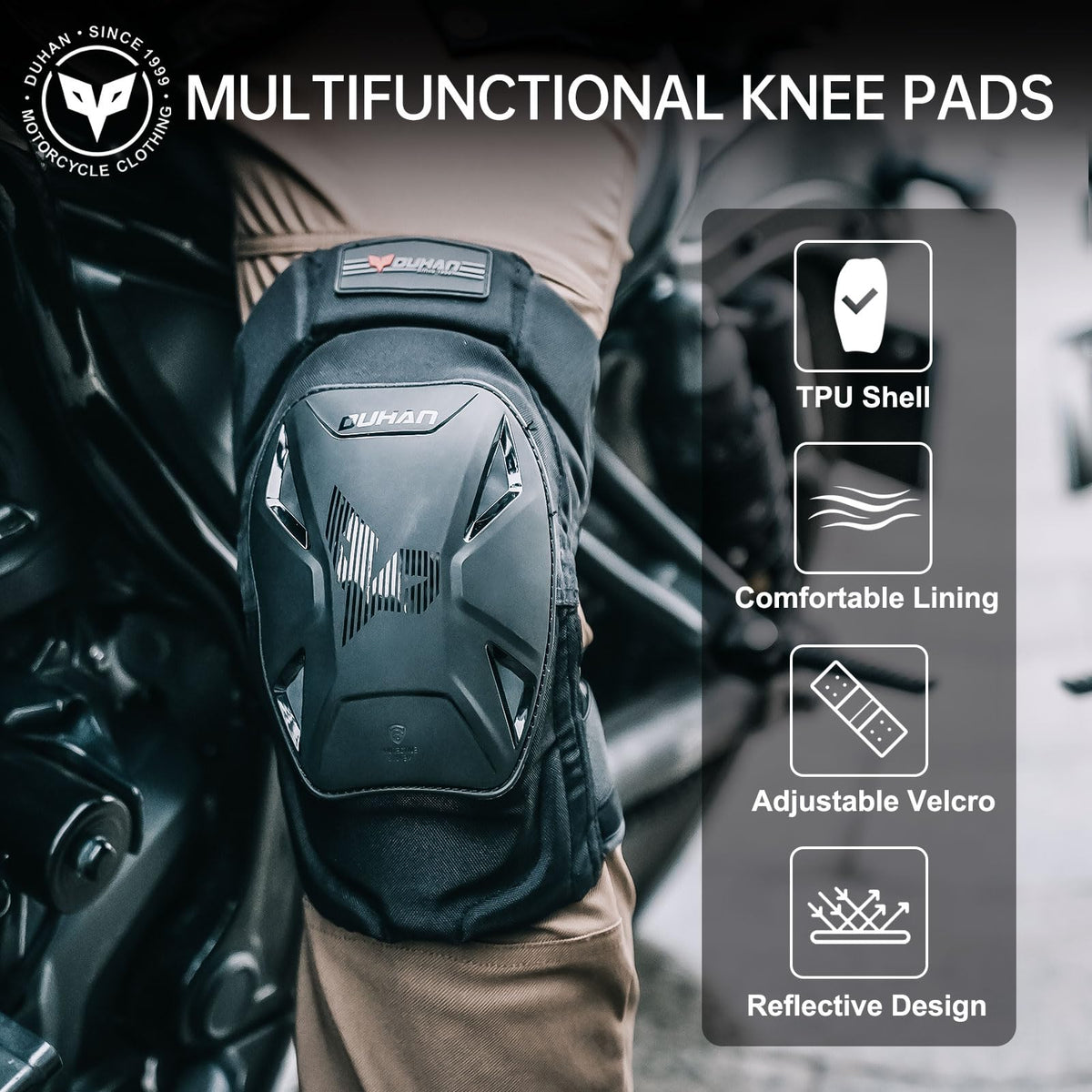 DUHAN knee pads back strap detail highlighting adjustable Velcro for stability