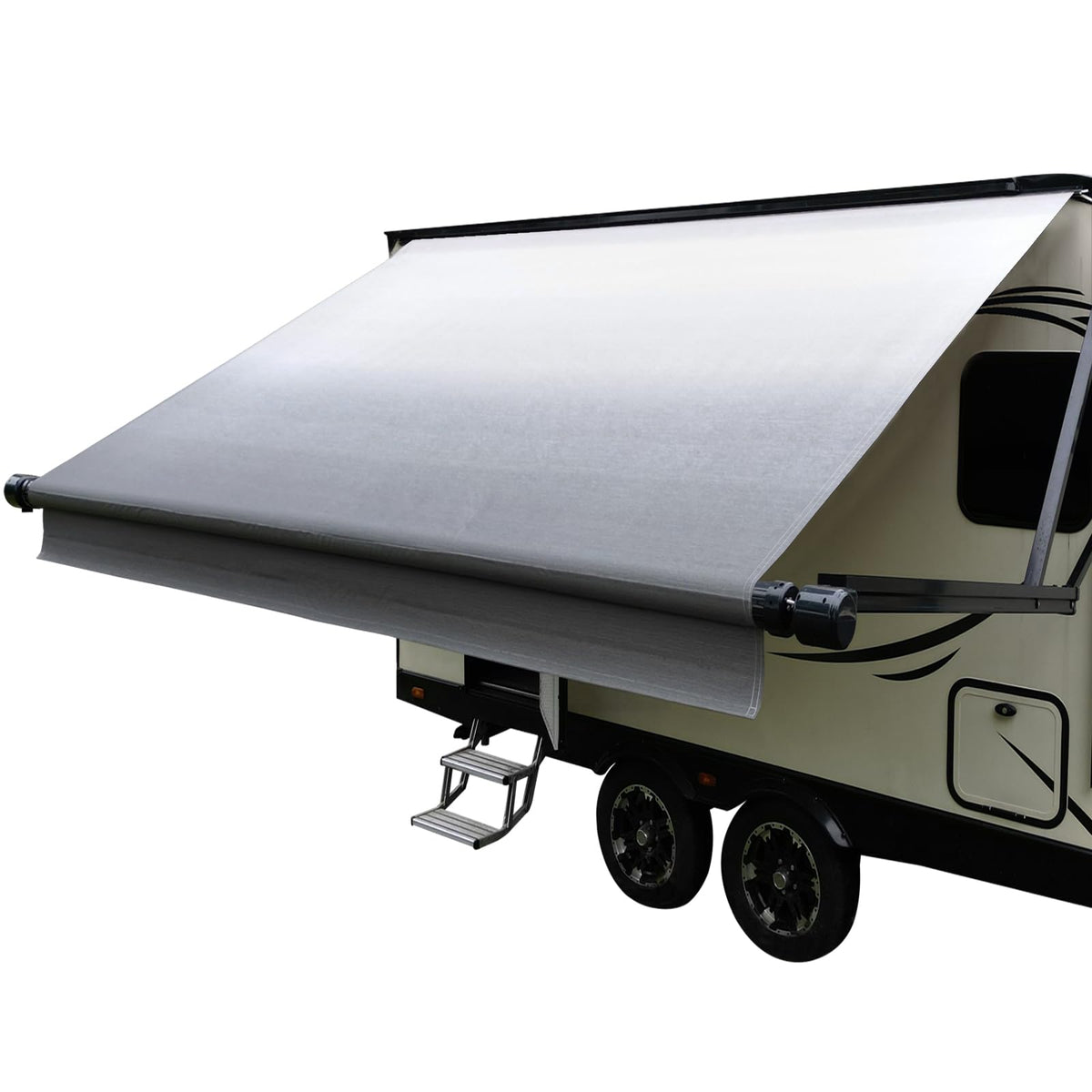 Dulepax front view of replacement awning showing full Senior Fade Grey canopy and fit
