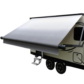 Dulepax front view of replacement awning showing full Senior Fade Grey canopy and fit