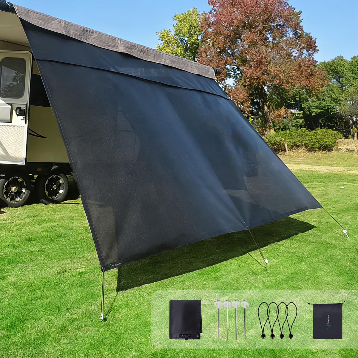 Dulepax front packaging of awning screen showing kit and benefits