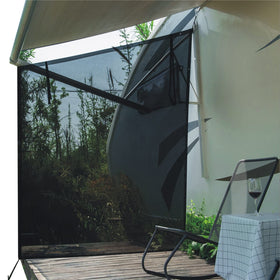Dulepax front view on RV showing full shade and extra privacy
