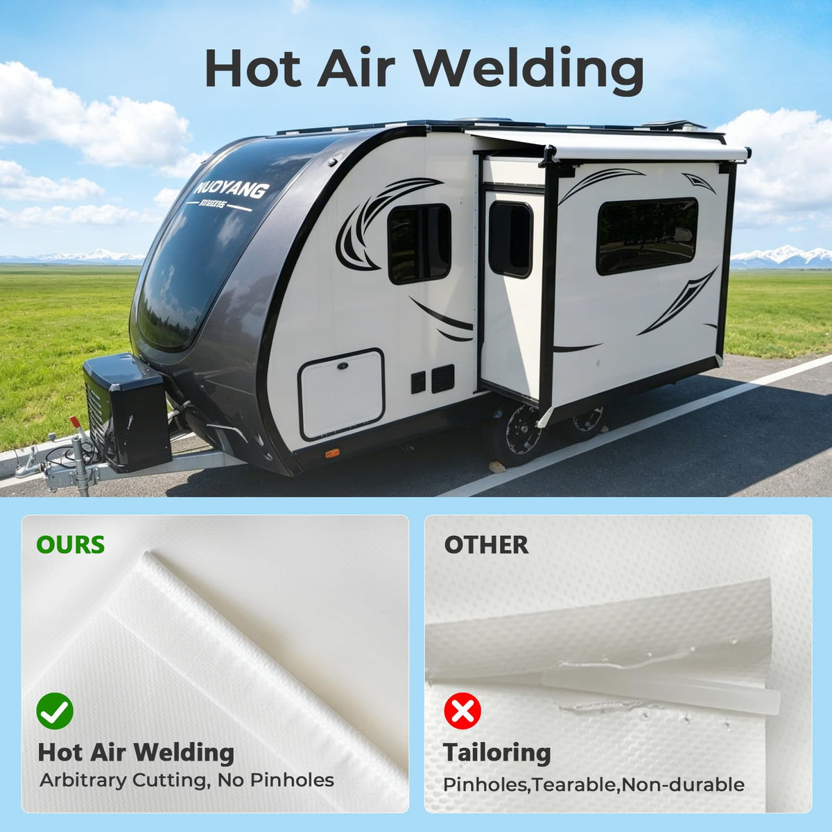 Dulepax fitted on slide-out awning protecting RV slide mechanism