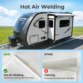 Dulepax fitted on slide-out awning protecting RV slide mechanism