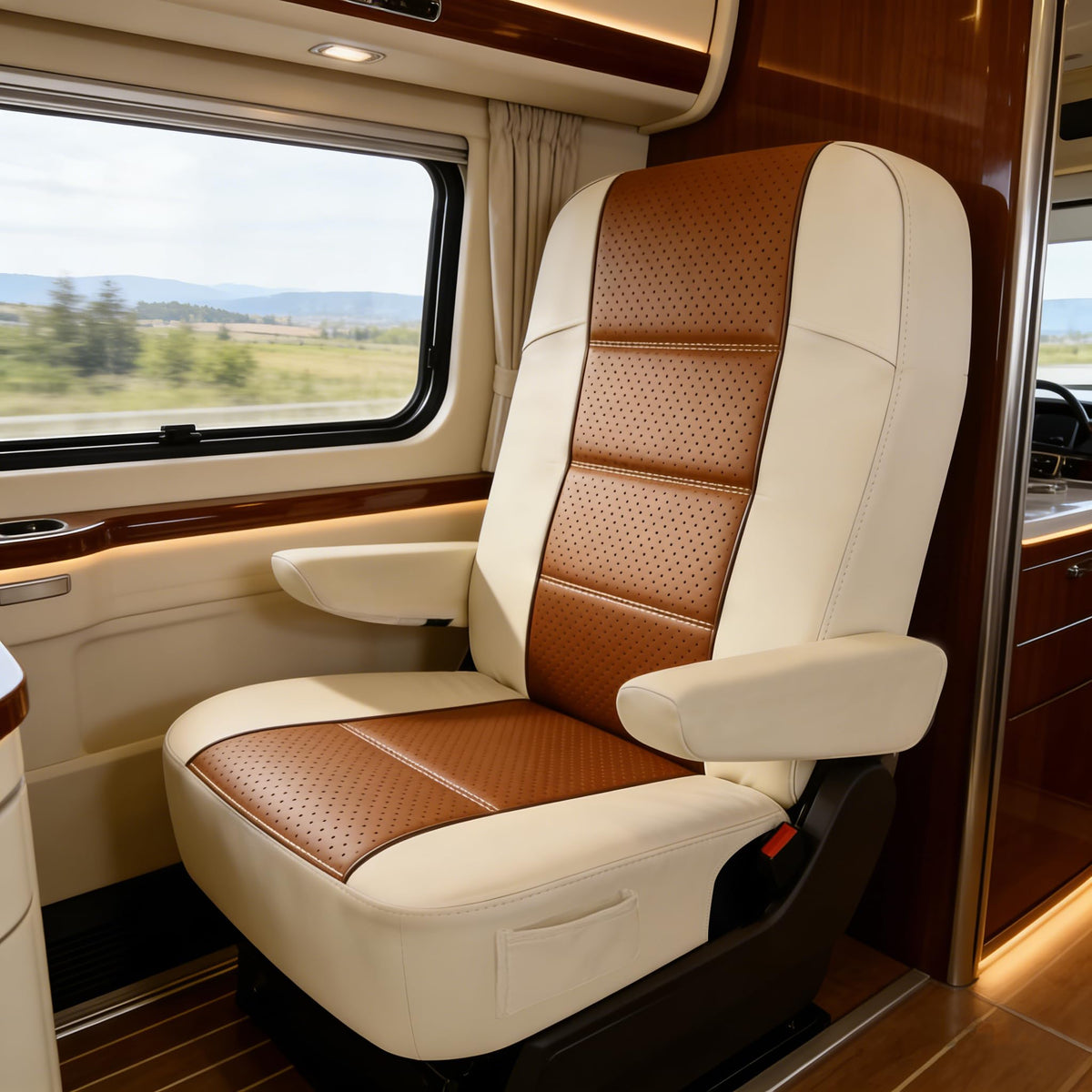 Dulepax scale comparison on RV seat illustrating fit dimensions and coverage
